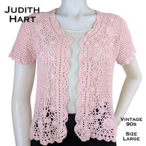 Judith Hart Crochet Cardigan Large Pastel Pink Short Sleeve Scalloped VTG 90s